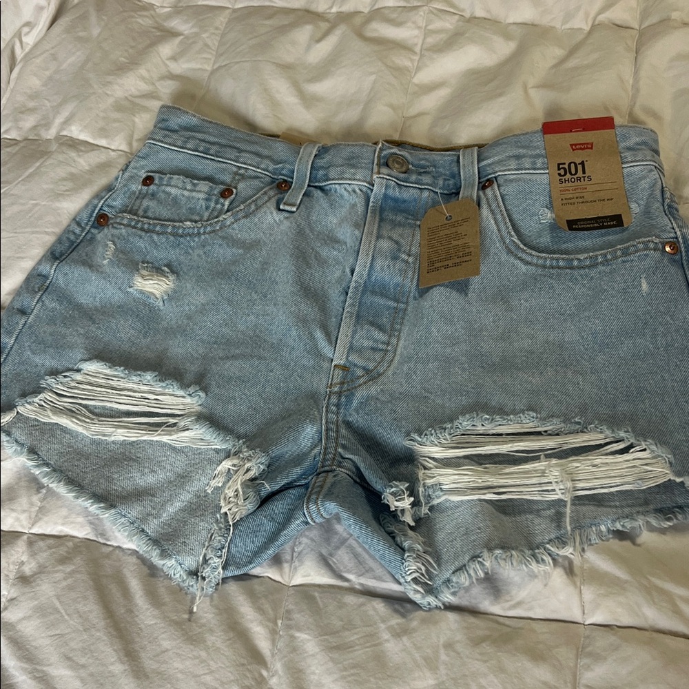 Levi's Women's 501 original Fit high rise Jean Shorts Light Blue distressed NWT